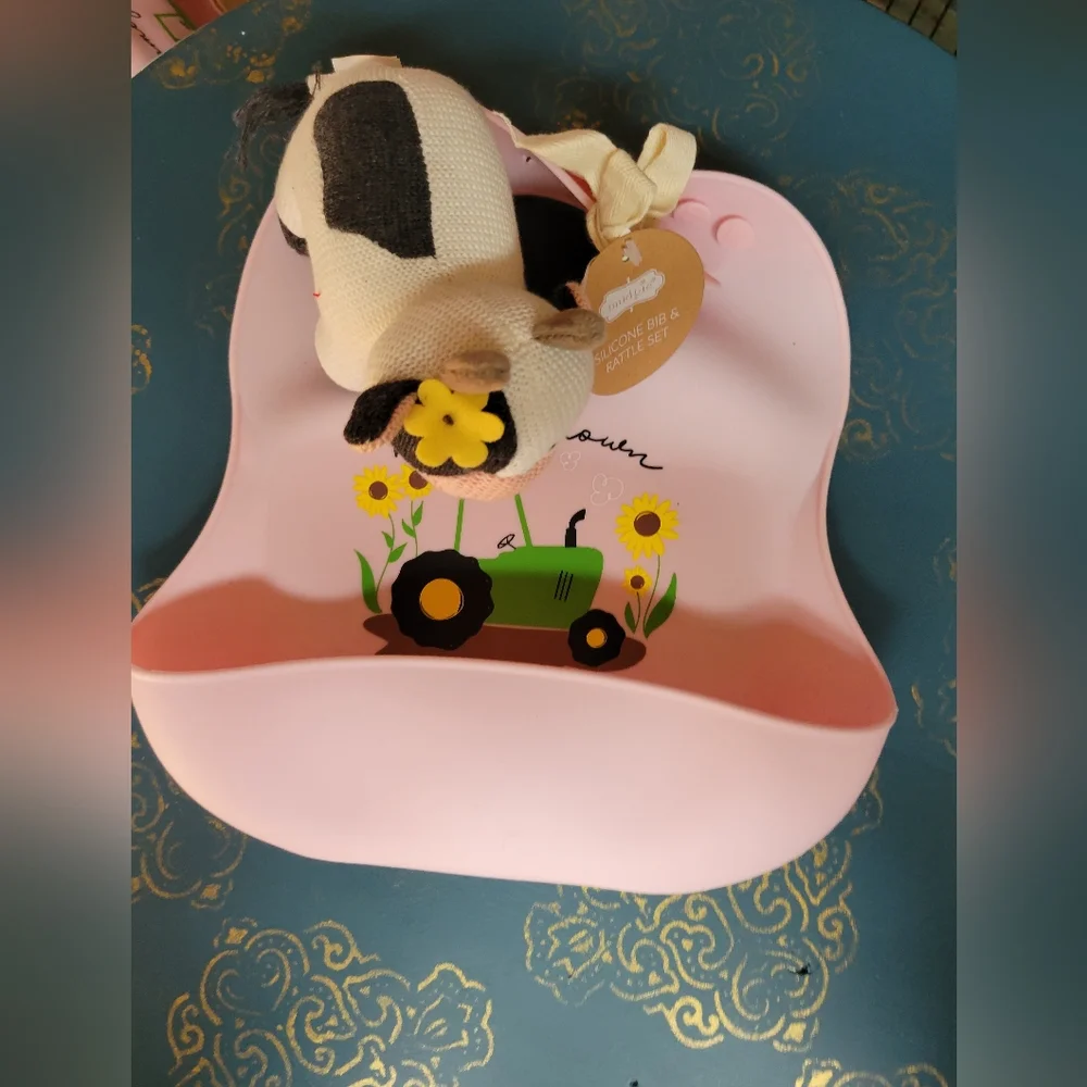 Mud pie silicone baby Bib and rattle cow tractor